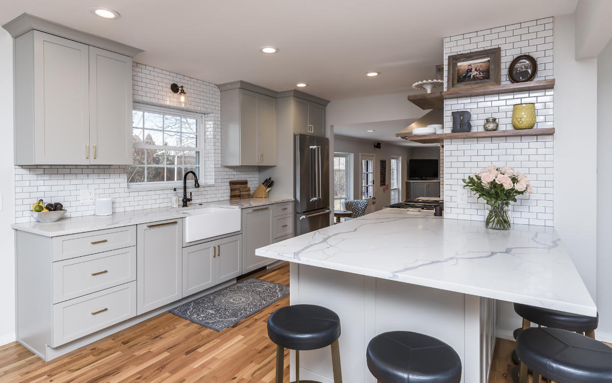 A Classic Update: marble counter tops, custom cabinets.