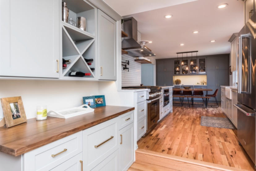 A Classic Update: custom counter tops, wine shelf and cabinets